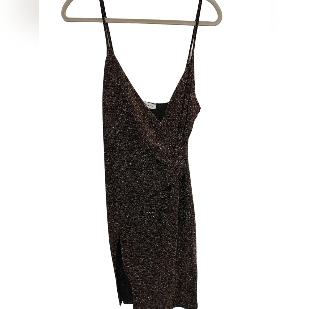 (1322) January 7 Brown Gold Shimmer Wrap Bodycon Mini Dress Size L (Junior)